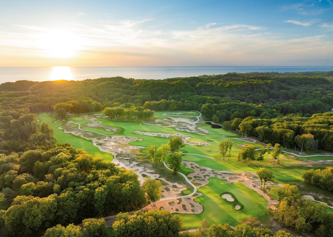 Aerial view of American Dunes at sunset